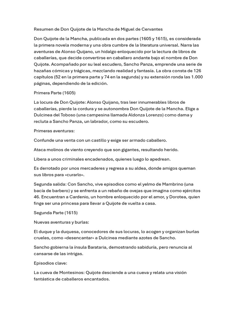 Resumen de Don Quijote de la Mancha | PDF | Don Quijote | Novelas españolas