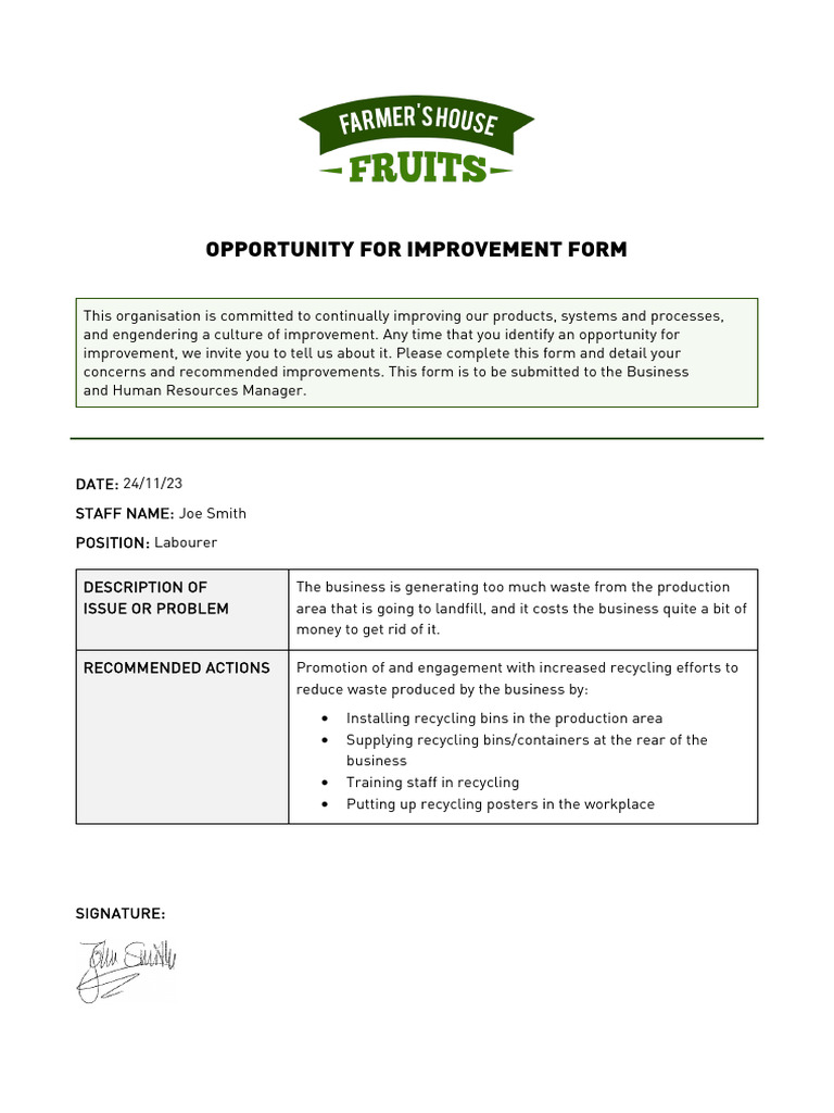 Waste Reduction Improvement Proposal | PDF