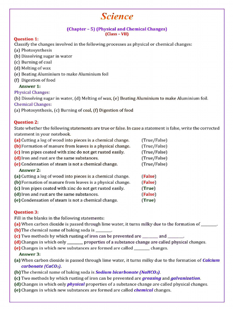 Class 7 Physical and Chemical Changes | PDF