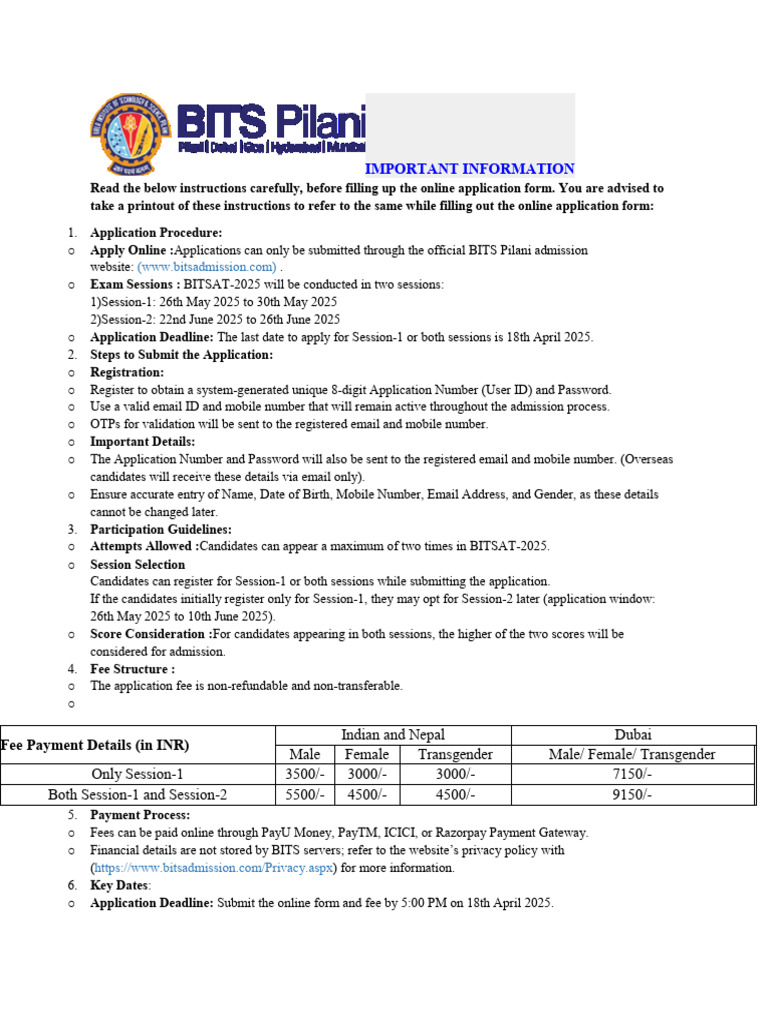 BITSAT 2025 Application Guidelines | PDF | Computing