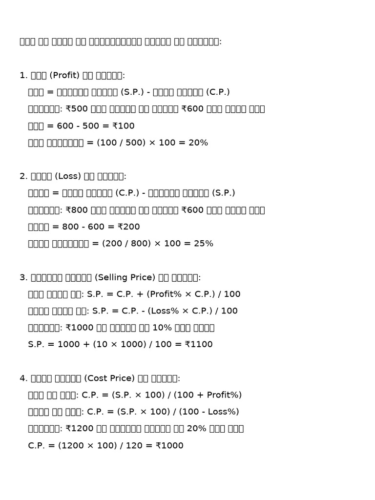 Profit Loss Formulas Hindi Updated | PDF