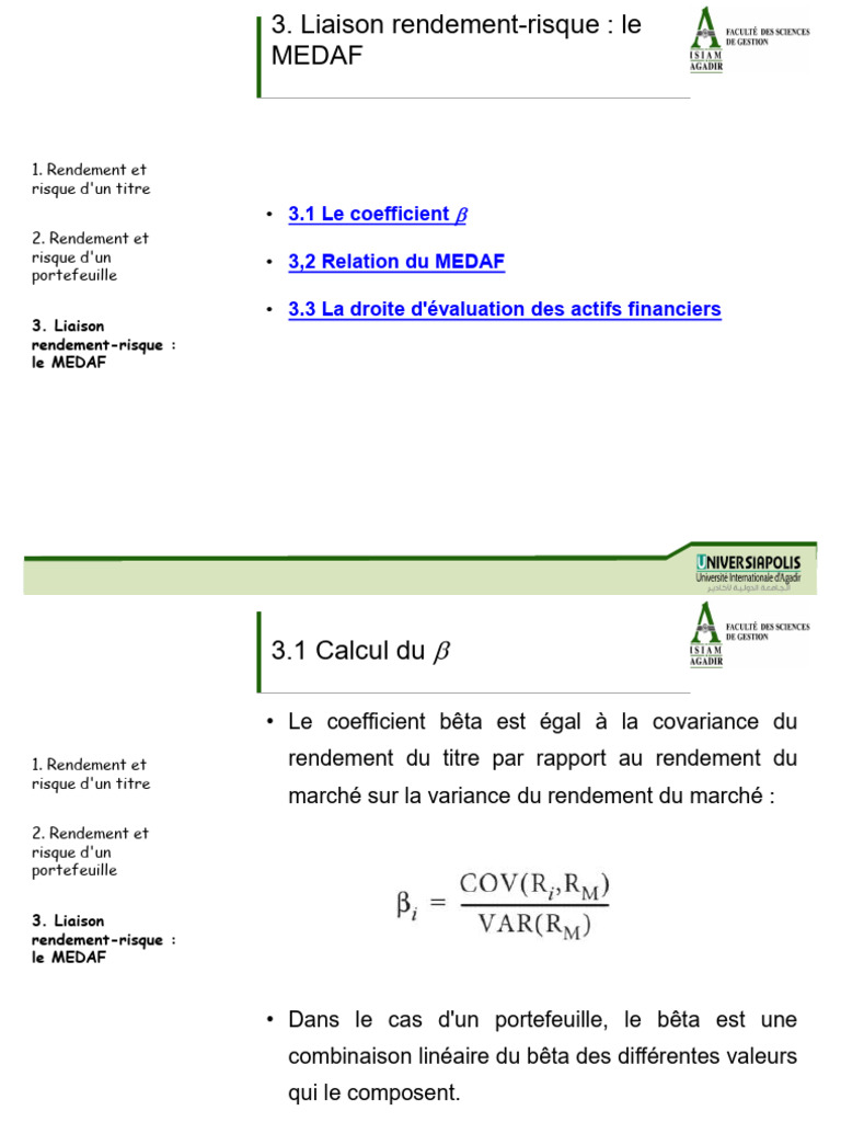 MEDAF : Liaison rendement-risque expliquée | PDF | Modèle d'évaluation ...