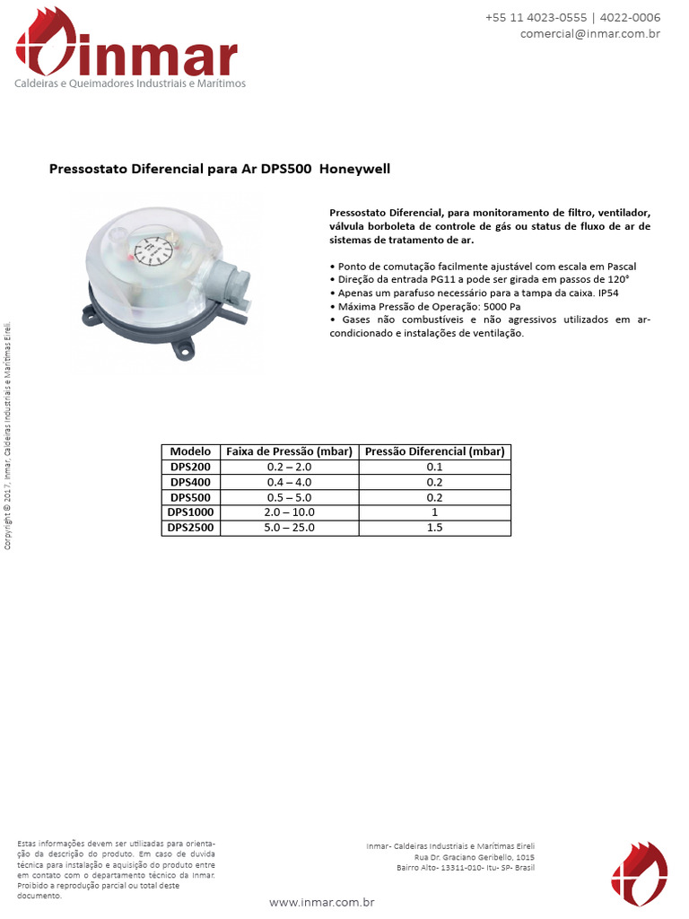 Pressostato DPS500 Honeywell: Especificações | PDF | Tecnologias de gás ...
