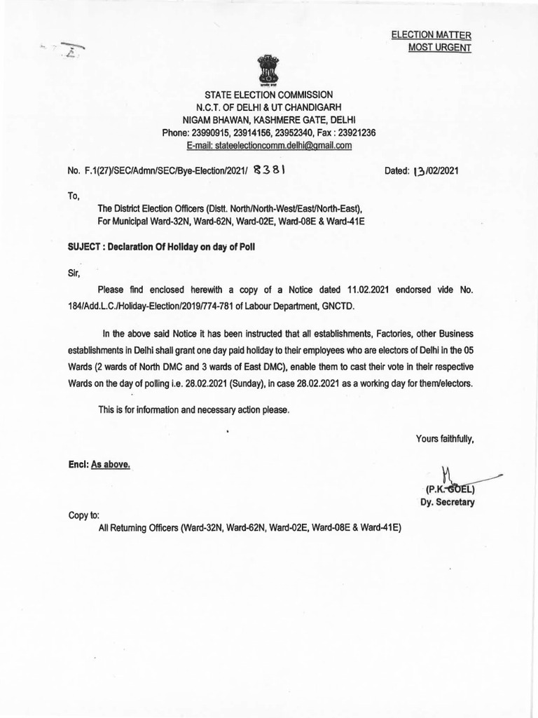 Declaration of Holiday On Day of Poll | PDF | Government