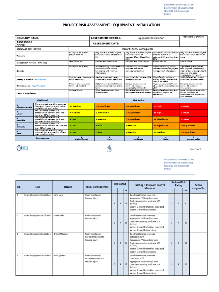 HSE Risk Assessment for Equipment Installation | PDF | Risk | Personal ...