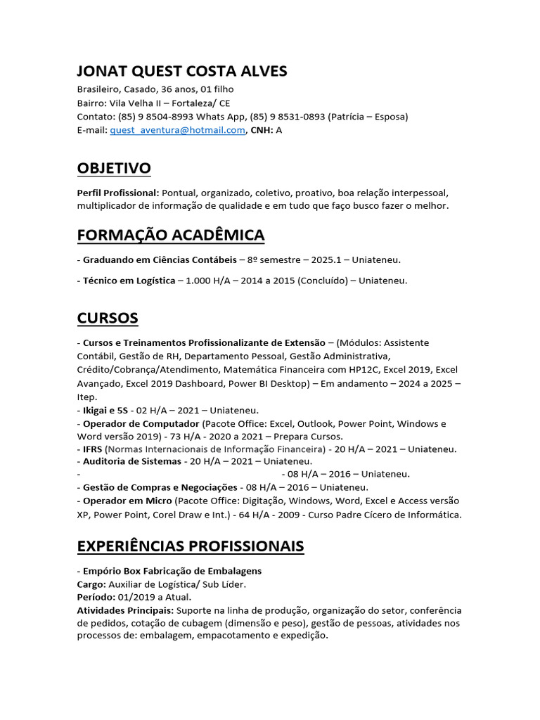 Currículo de Jonat Quest Alves - Logística e Contabilidade | PDF