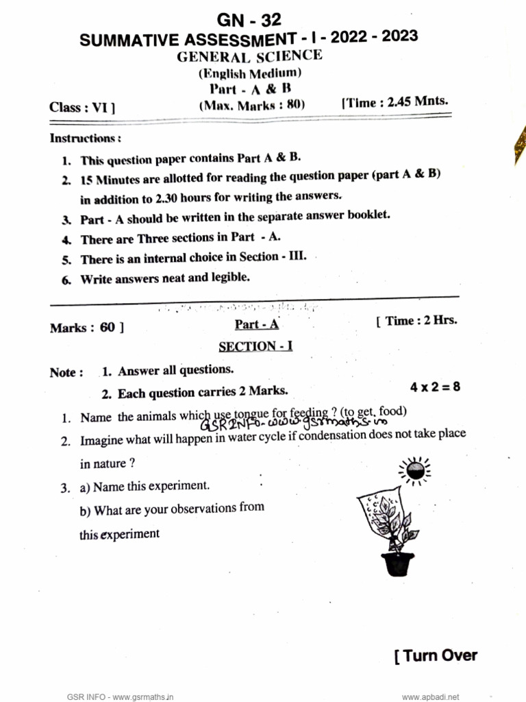 6th Class SA 1 Science 2022-23 Paper GSR INFO-www - Gsrmaths.in | PDF ...