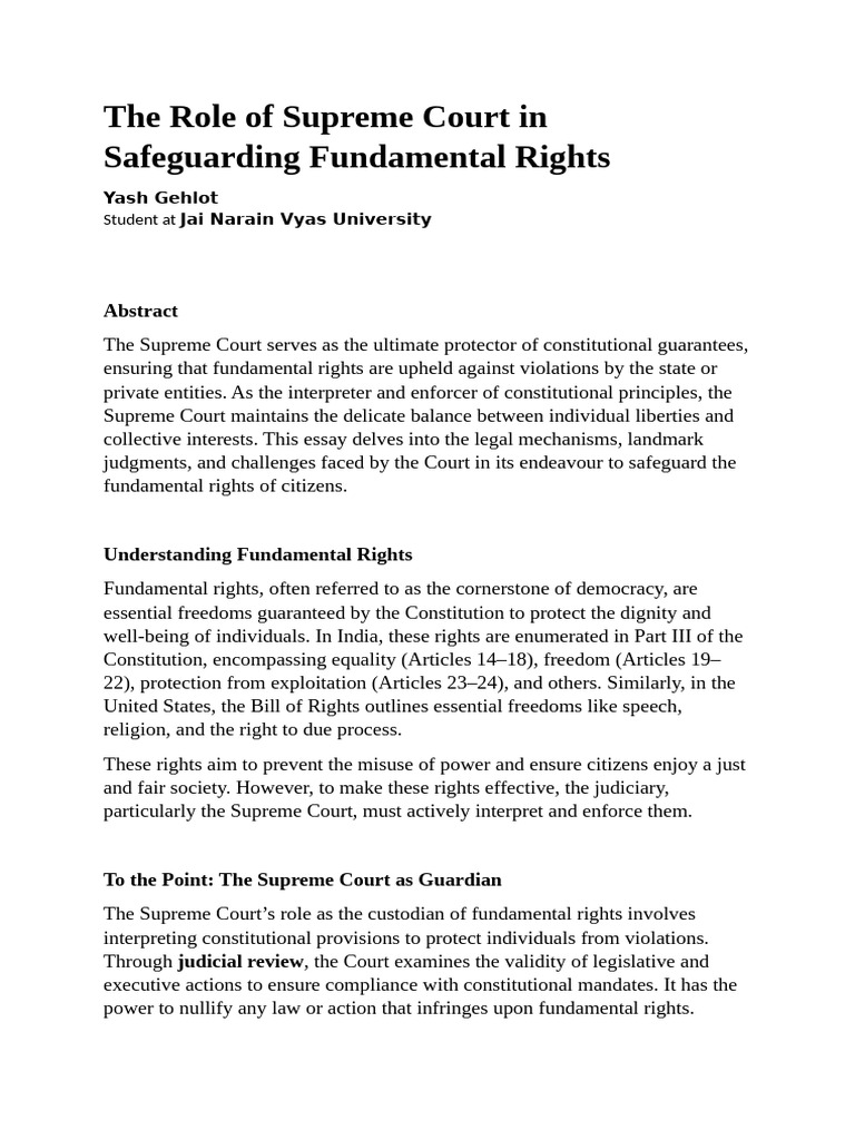 The Role of The Supreme Court in Safeguarding Fundamental Rights Yash ...