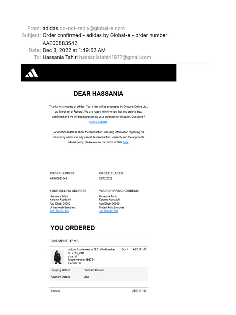 adidas Order Confirmation AAE00883542 | PDF