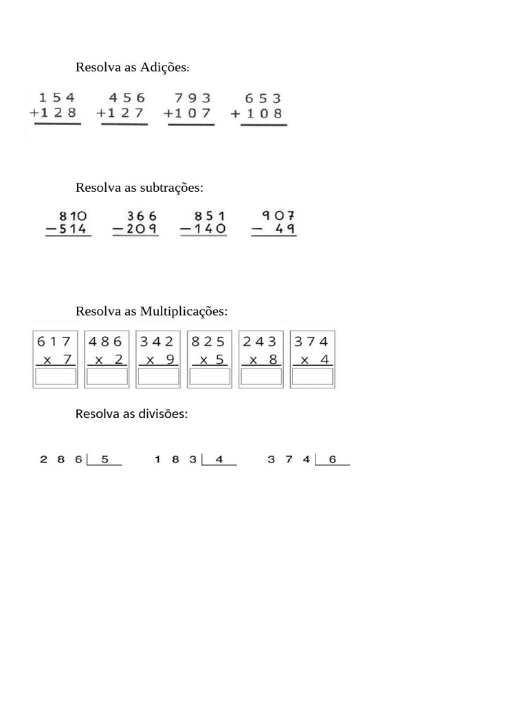 Adição, Subtração, Multiplicação e Divisão. | PDF