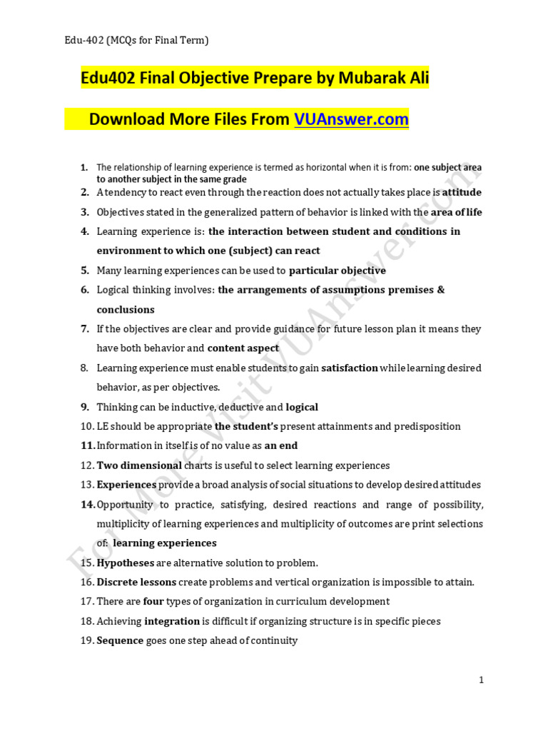 Edu-402 Final MCQs for Education | PDF | Curriculum | Experience