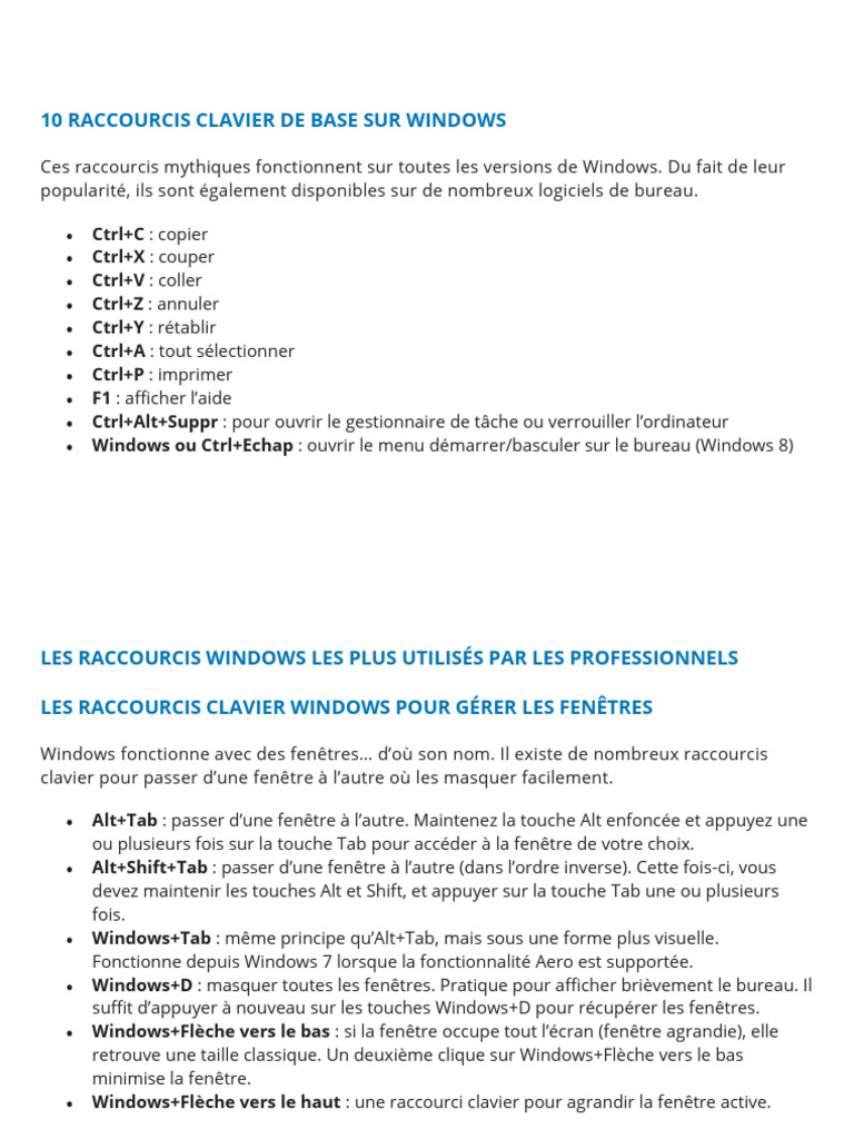 Raccourcis Clavier Essentiels Windows | PDF | Raccourci clavier ...
