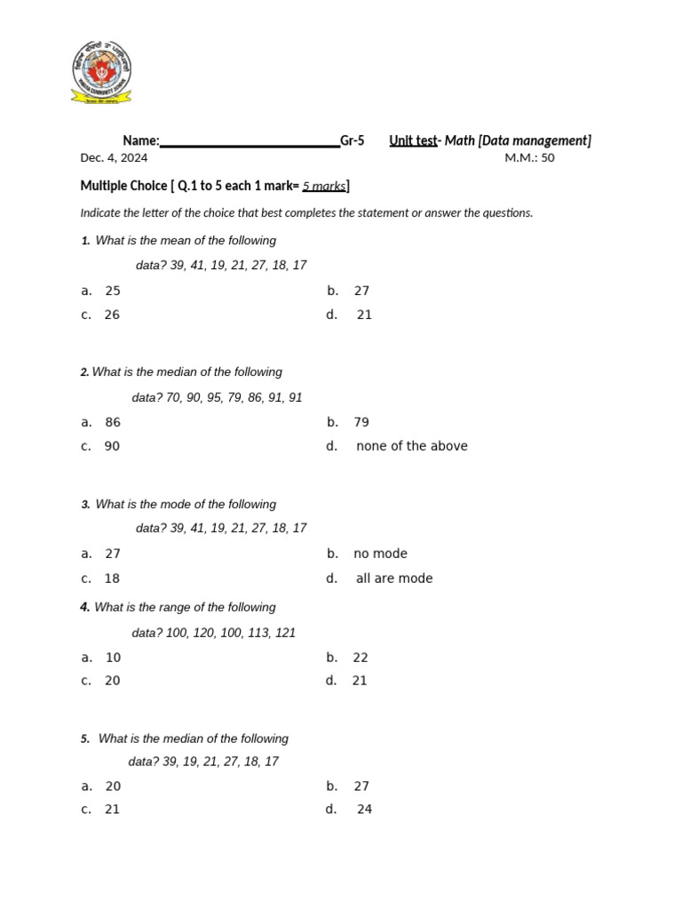 Grade 5 Math Unit Test: Data Management | PDF | Mean | Mathematics