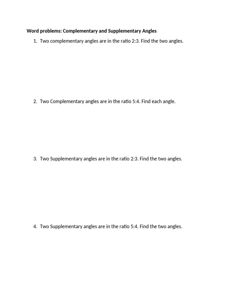 Word Problems - Complementary and Supplemantary Angles | PDF