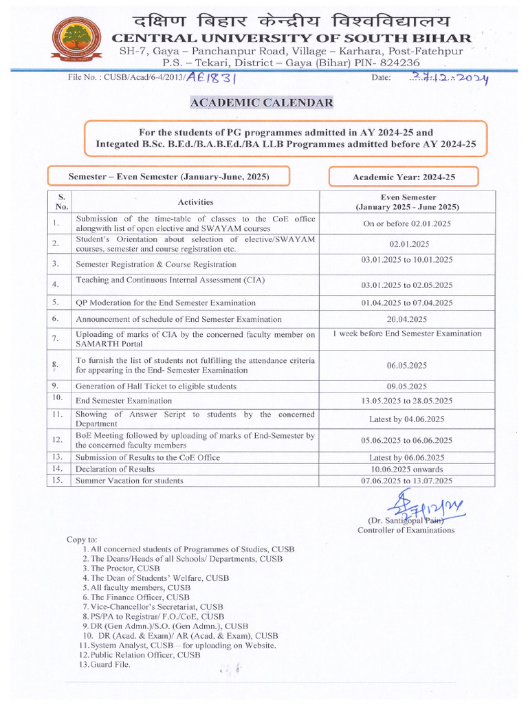 Academic Calendar 2024 25 Even Semester | PDF