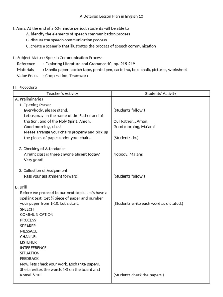 A Detailed Lesson Plan in English 10 | PDF | Communication | Learning