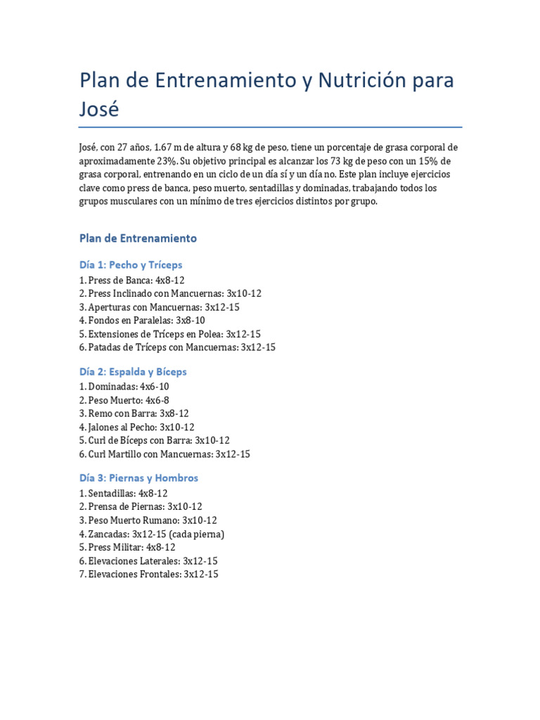 Plan de Entrenamiento y Nutricion para Jose | PDF | Nutrición | Dieta y ...