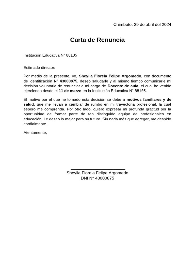 Carta de Renuncia de Docente Contratado | PDF
