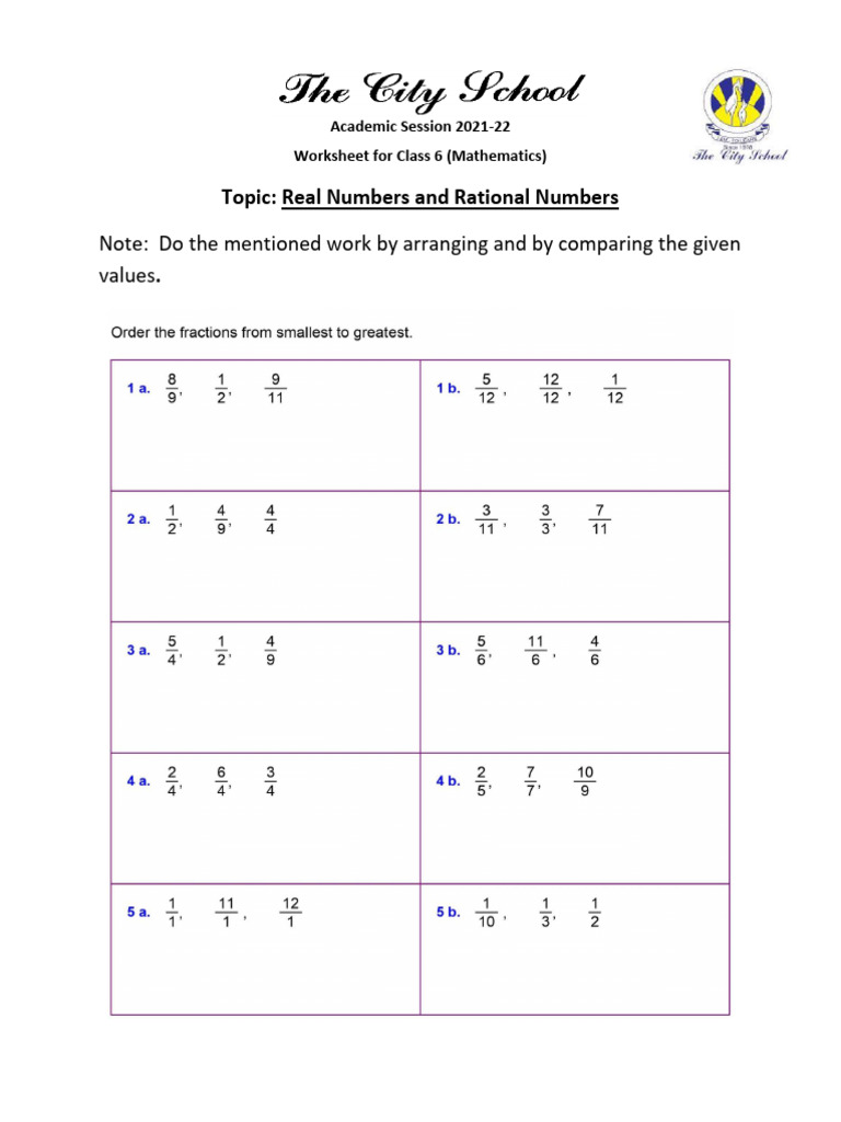 Class 6 Math Worksheet: Real Numbers | PDF