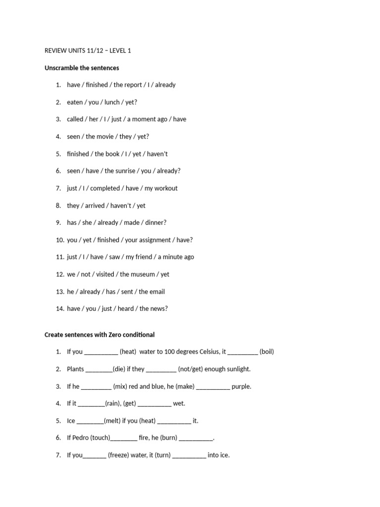 Review Units 11 and 12 Level 1 | PDF