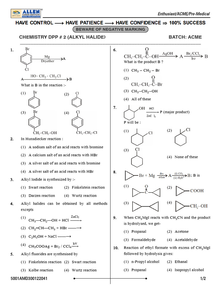 Chemistry DPP # 2 (Alkyl Halide) | PDF | Chloroform | Chemical Compounds