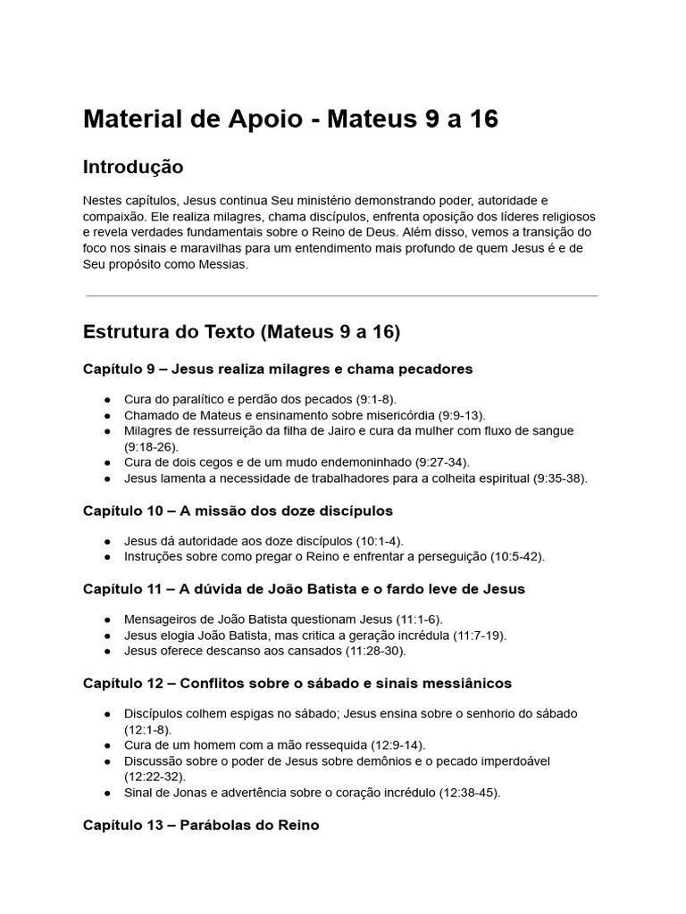 Estudo de Mateus 9 a 16: Milagres e Mensagens | PDF | Jesus | Evangelho ...