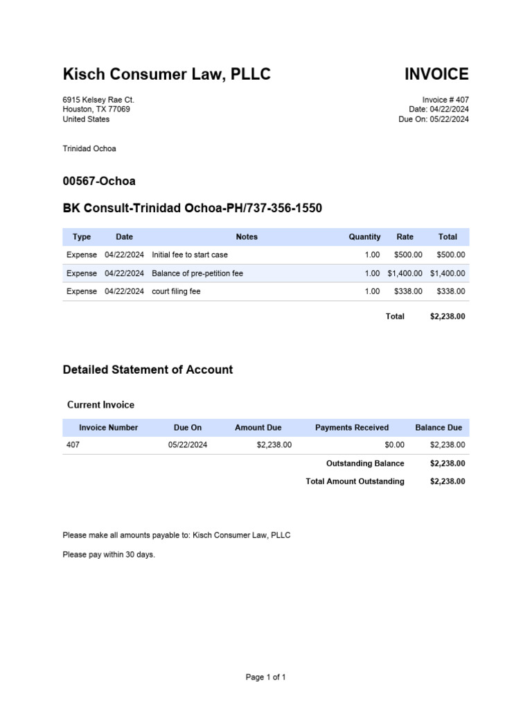 Kisch Consumer Law Invoice #407 Summary | PDF