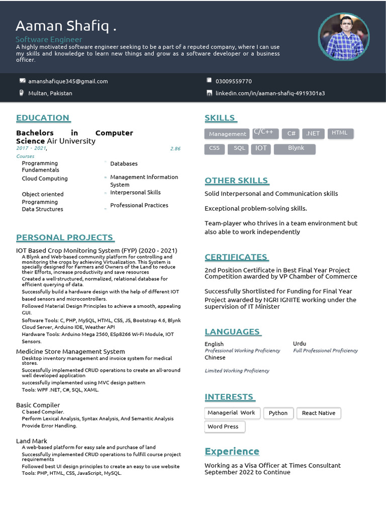 Aaman Shafiq: Software Engineer Profile | PDF | Internet Of Things ...