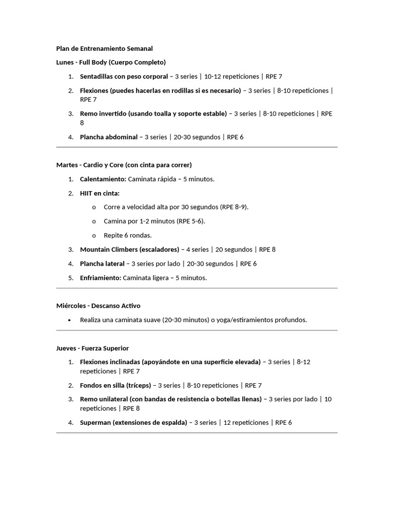 Plan de Entrenamiento Semanal Efectivo | PDF