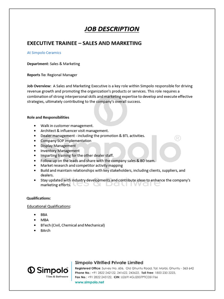 Sales and Marketing Executive 2025 JD | PDF