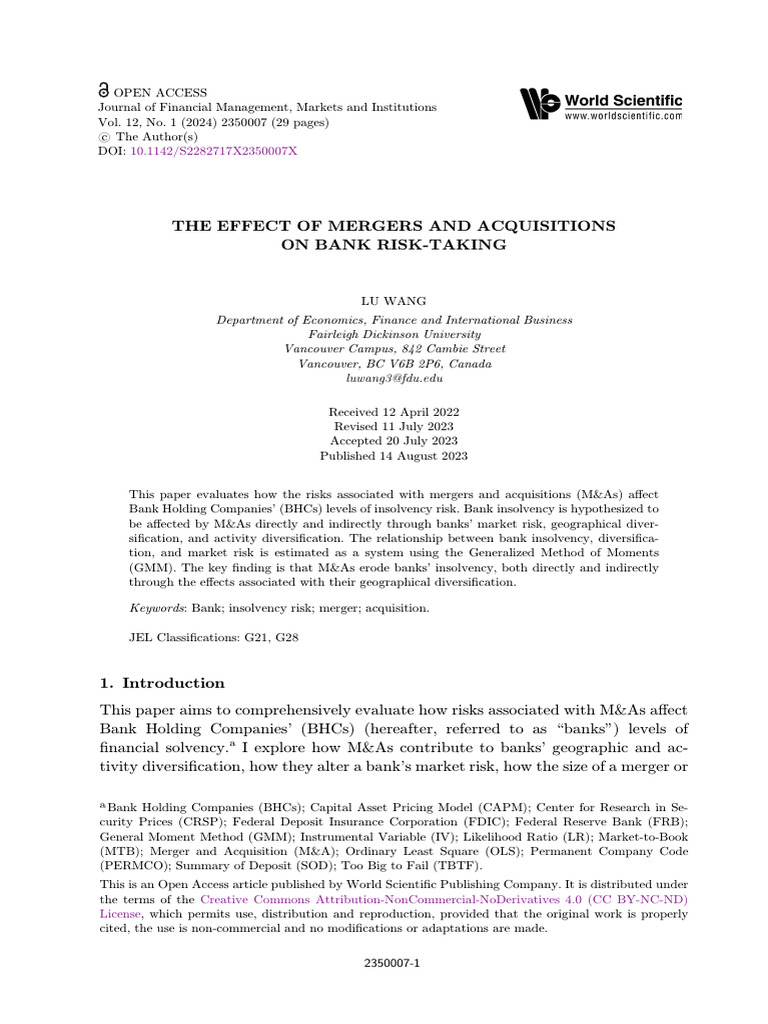 Wang 2023 The Effect of Mergers and Acquisitions On Bank Risk Taking ...