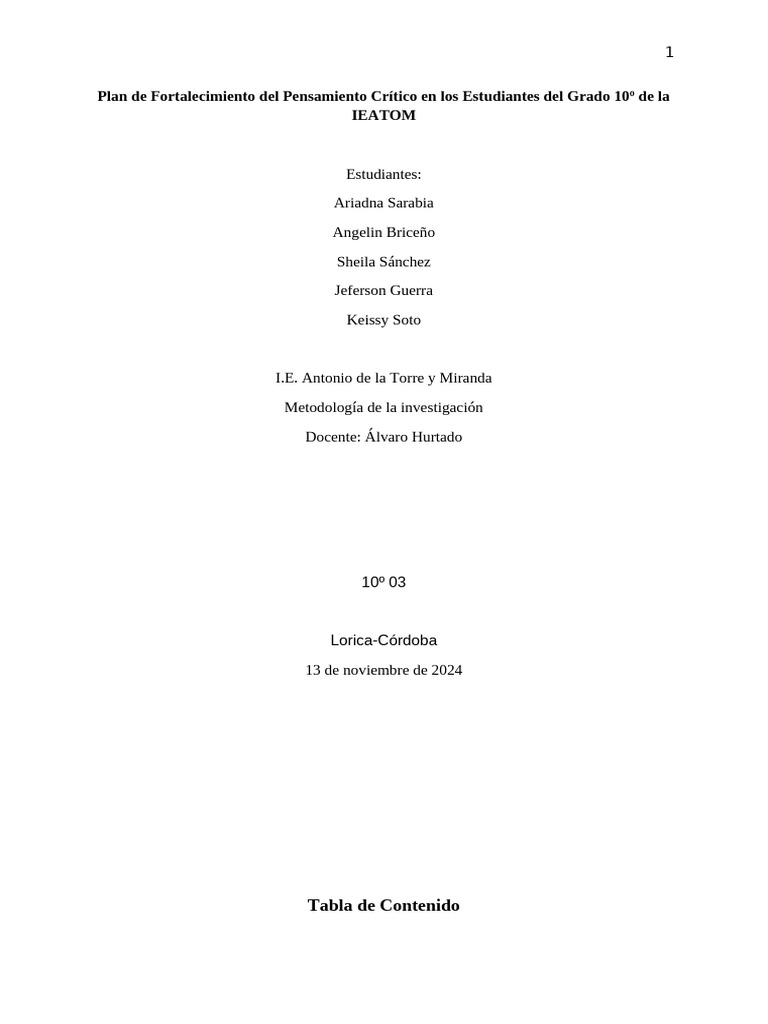 Plan de Fortalecimiento Del Pensamiento Crítico en Los Estud | PDF ...