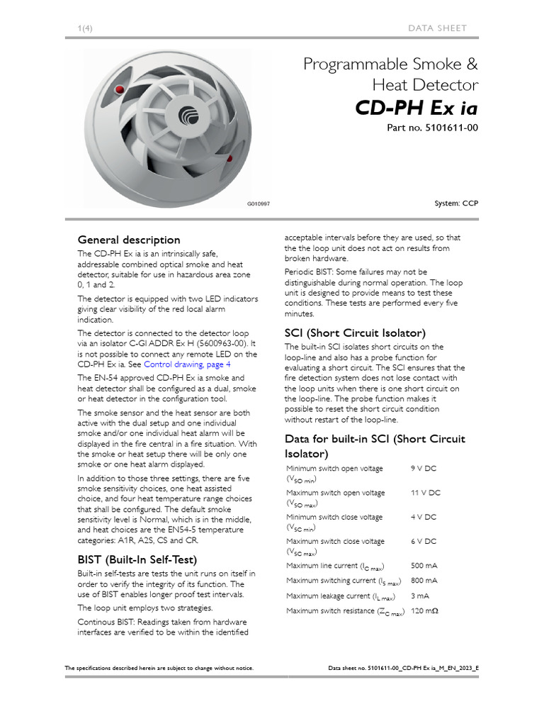 CD-PH Ex Ia: Programmable Smoke & Heat Detector | PDF | Sensor | Equipment