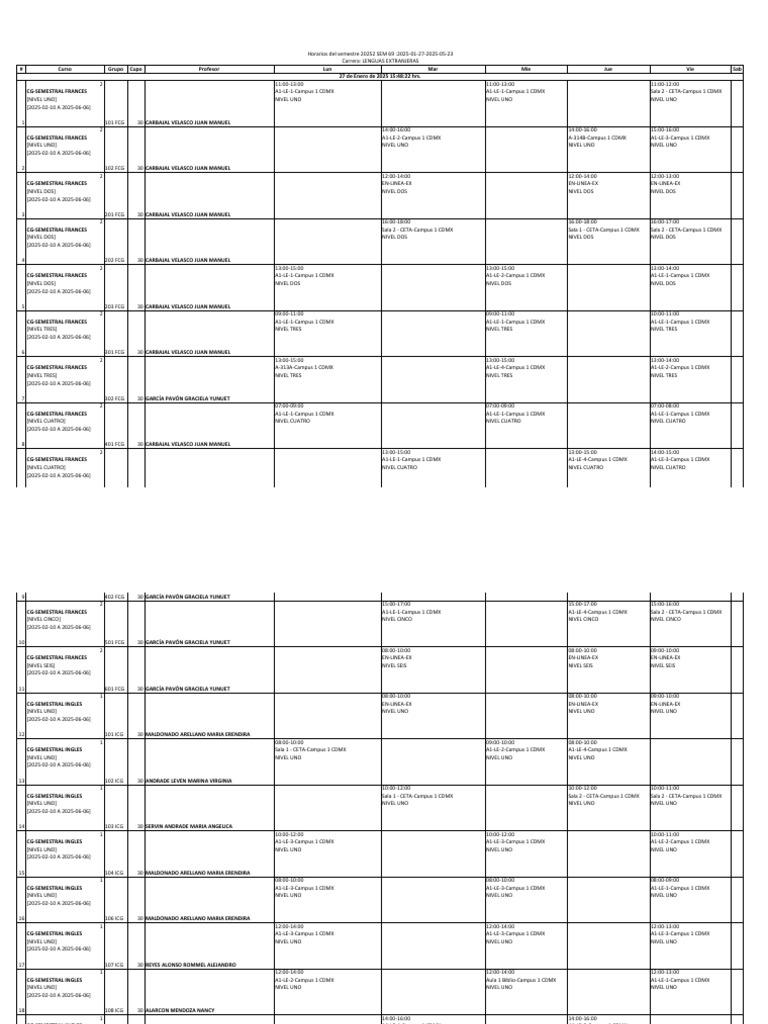 Horarios Semestrales de Idiomas 2025 | PDF