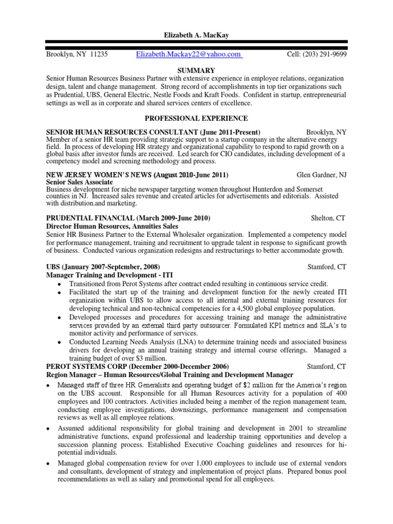 Senior Hr Business Partner In Nyc Resume Elizabeth Mackay Human Resources Recruitment