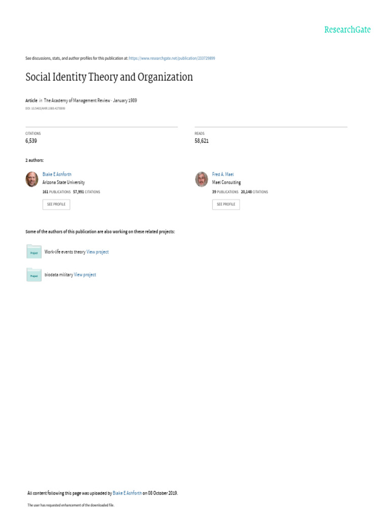 Ashforth, B. E., & Mael, F. (1989) - Social Identity Theory and ...
