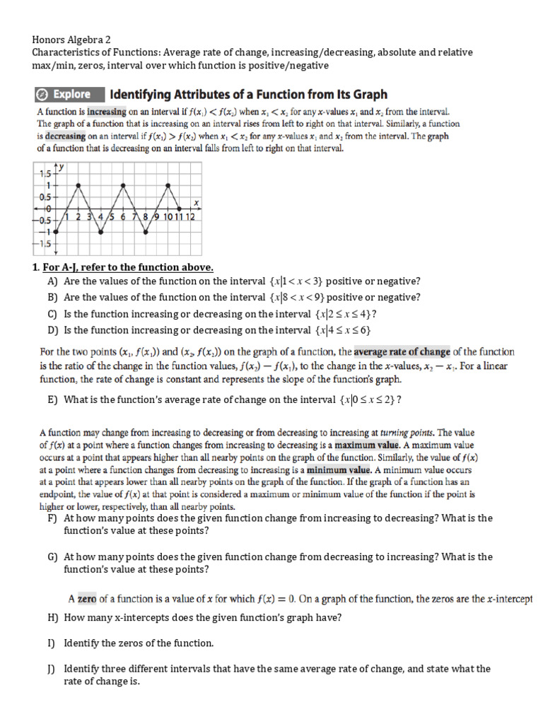 Characteristics of Functions in Algebra 2 | PDF | Function (Mathematics ...