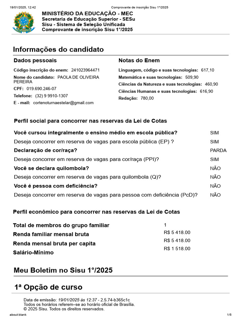 Comprovante de Inscrição Sisu 2025 | PDF | Estágios educacionais ...