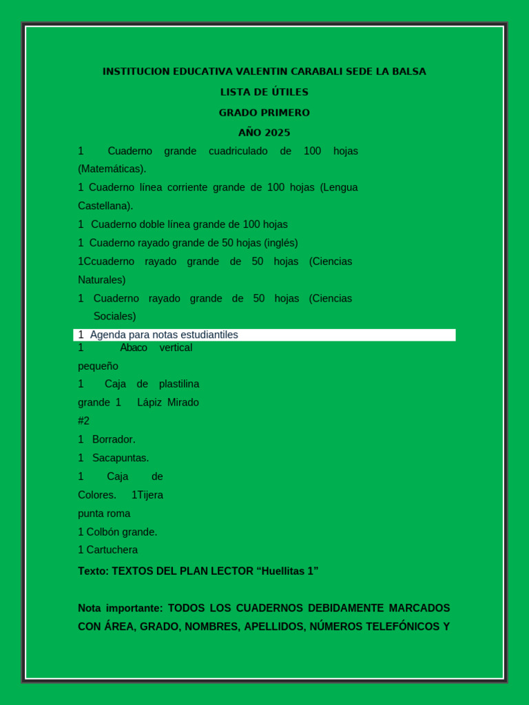 Lista de Útiles Grado Primero 2025 | PDF
