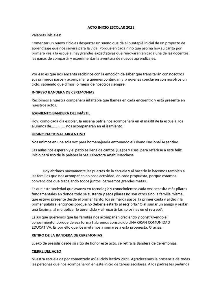 Acto de Inicio Escolar 2023: Bienvenida y Metas | PDF