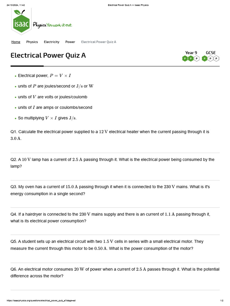 Electrical Power Quiz A - Isaac Physics | PDF | Electric Power | Metrology