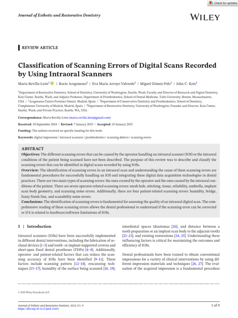 Classification of Intraoral Scanner Errors | PDF | Dentistry Branches