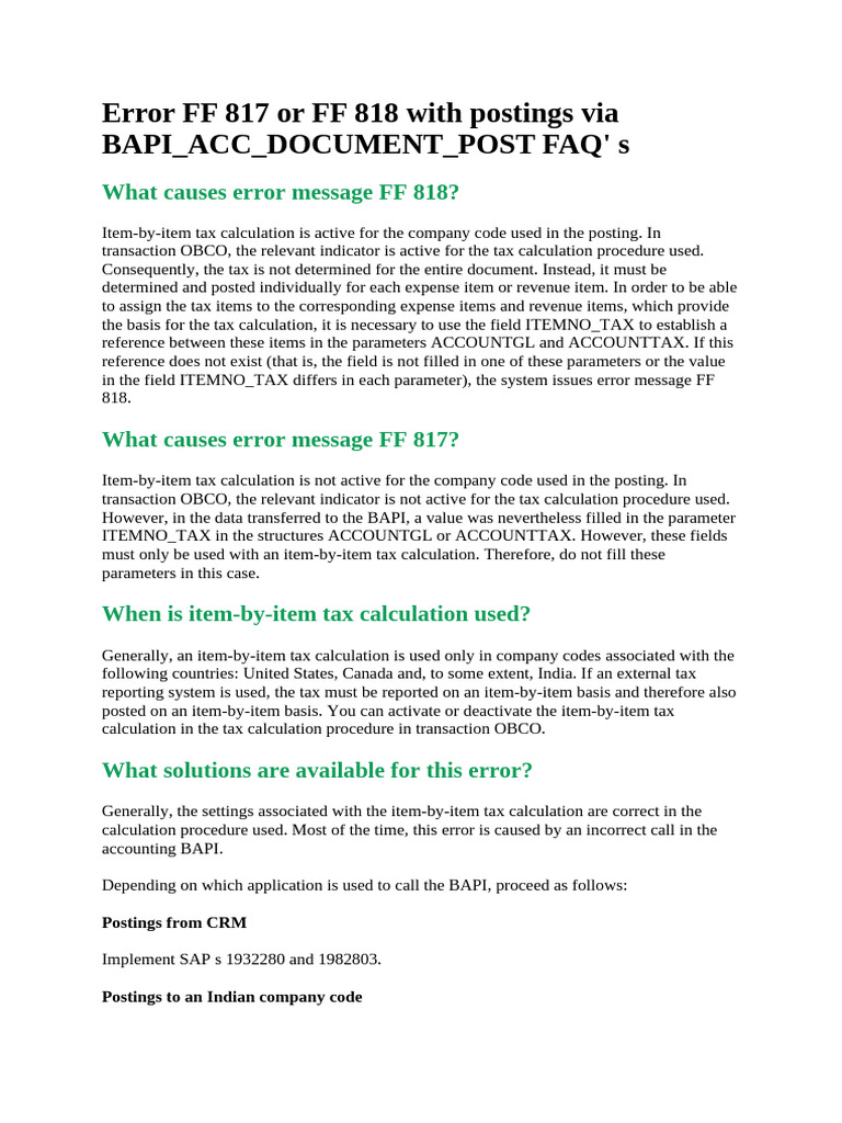 Resolving BAPI_ACC_DOCUMENT_POST Errors | PDF | Taxes | Internal ...