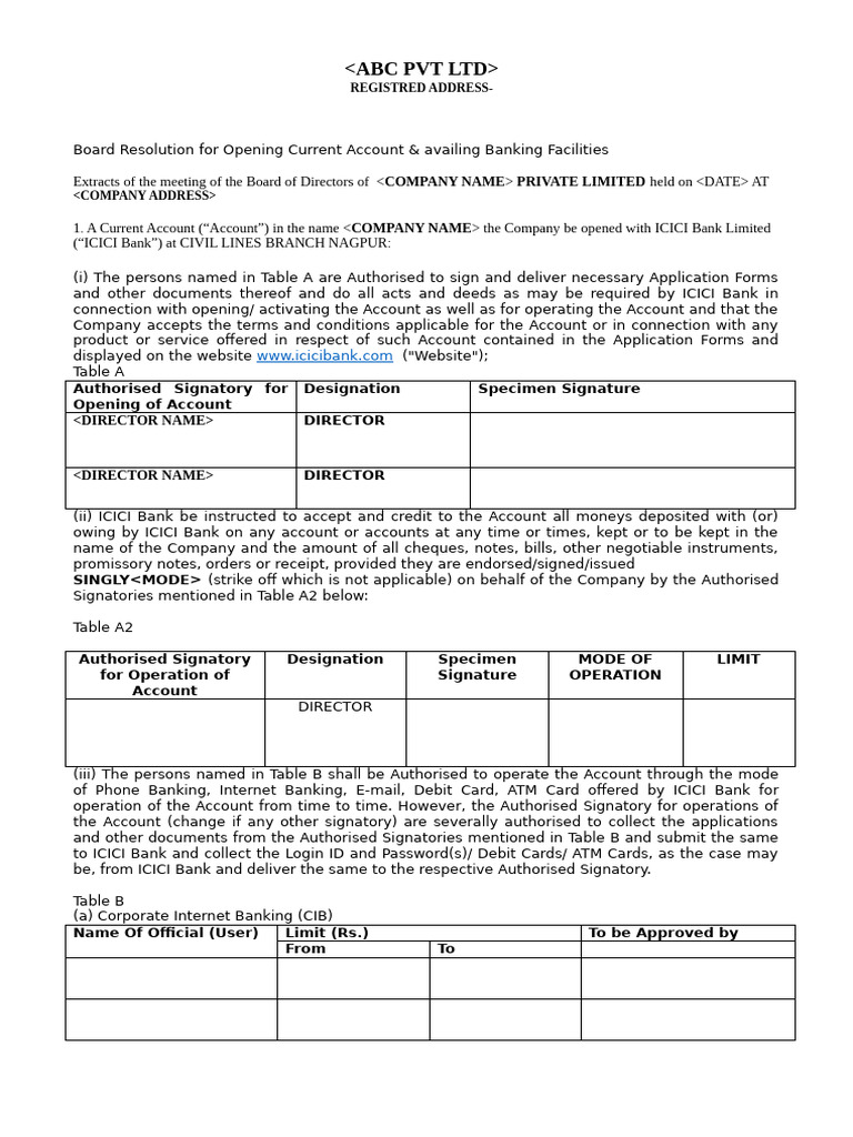 Board Resolution for ICICI Account Opening | PDF | Banks | Transaction ...