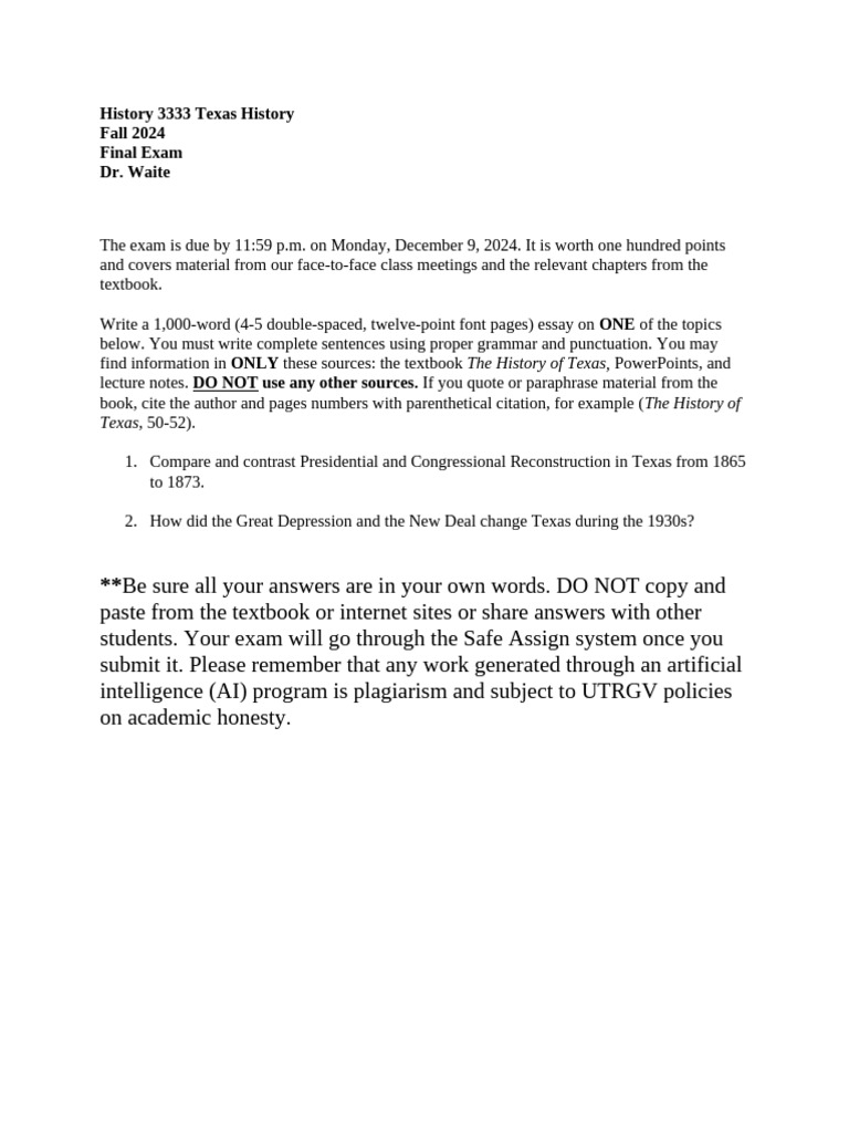 Texas History Final Exam Guidelines | PDF