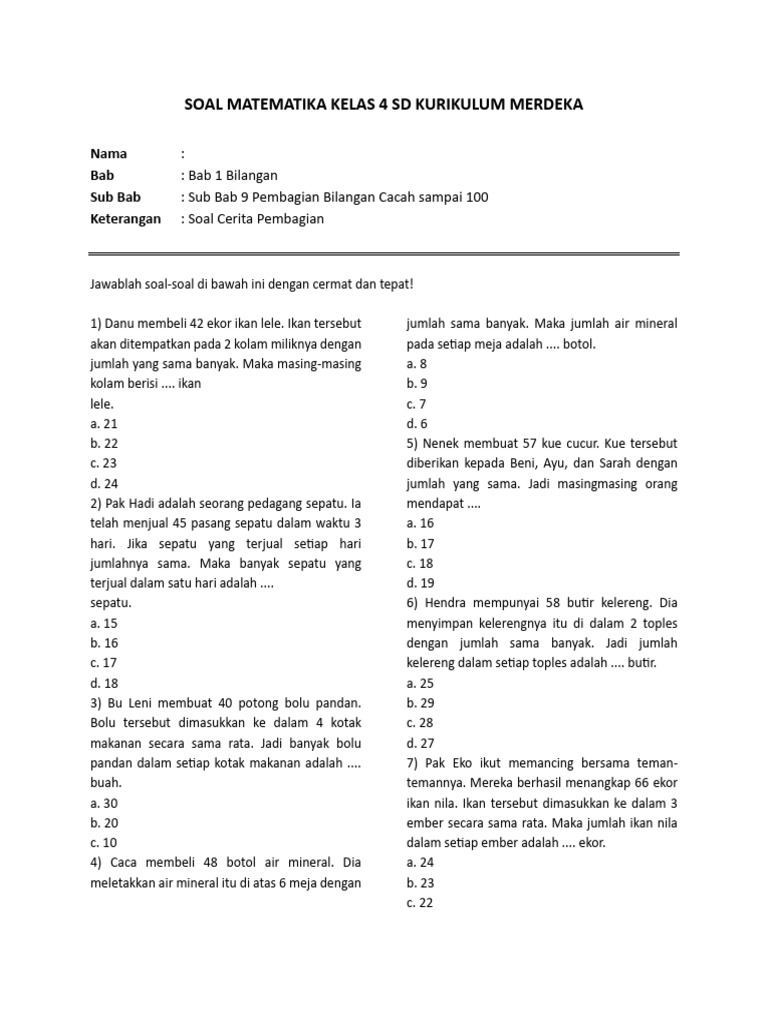 Latihan Pembagian Soal Cerita Pdf