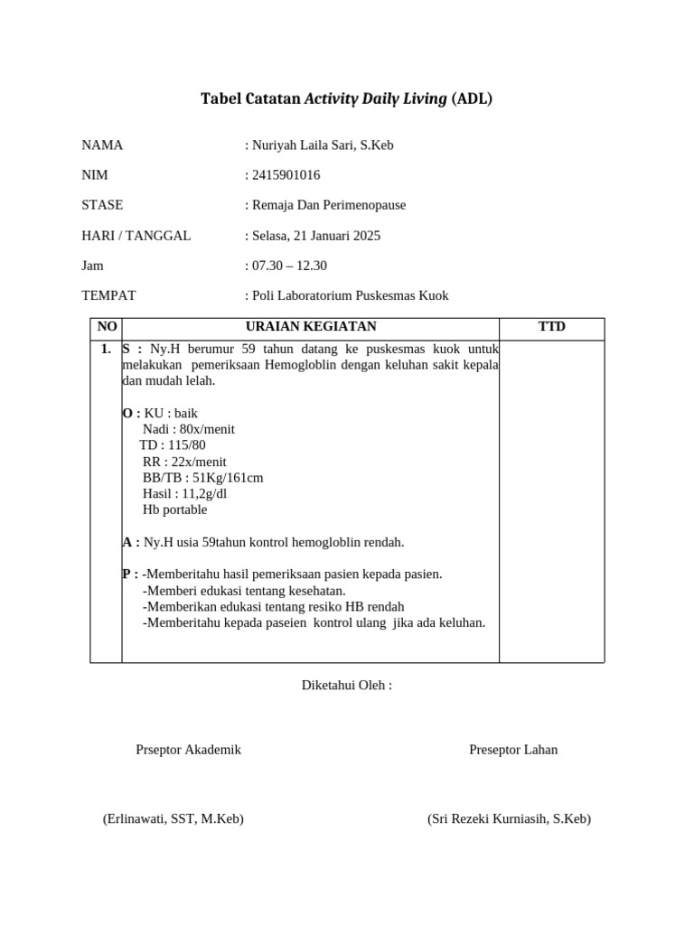 Tabel Catatan ADL Pasien Puskesmas | PDF