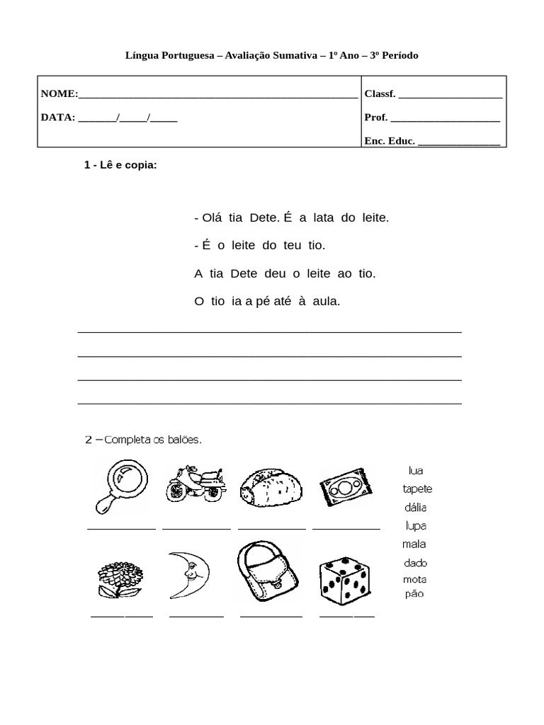 Avaliação de Língua Portuguesa - 1º Ano | PDF