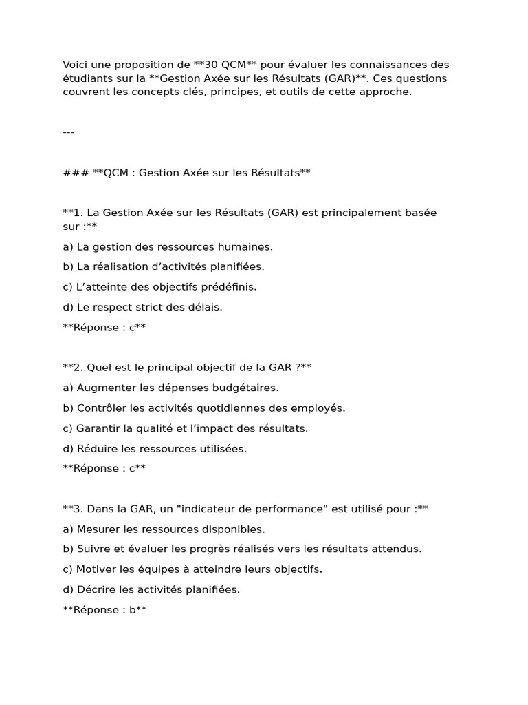 QCM sur la Gestion Axée sur les Résultats | PDF | Gestion des risques