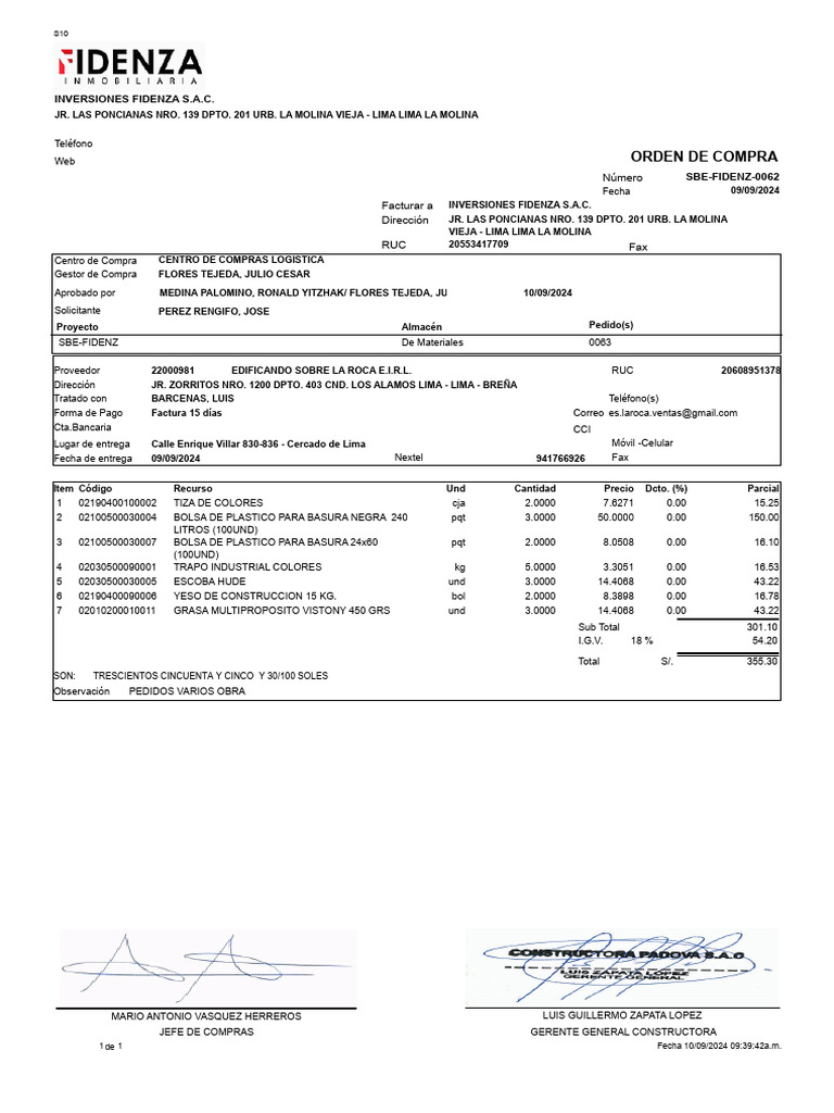 Orden de Compra Inversiones Fidenza S.A.C. | PDF
